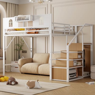 DESMIU Hoogslaper 140x200 cm – Verhoogd Bed Met Opbergladder En Legplank – Ruimtebesparend Ontwerp Met Open Onderzijde – Voor Jeugdkamer – Metaal En MDF – Wit – Zonder Matras