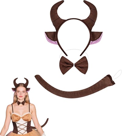 Hoorn Hoofdband voor Kostuum, 3-delige Set met Bruine Hoorns, Oren, Strik en Staart voor Feestjes en Carnaval