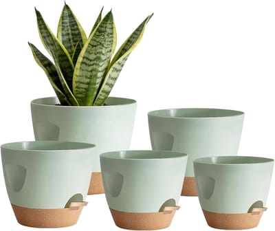 5 bloempotten met automatische irrigatie, 17,8/16,5/15,2/13,9/12,7 cm, bloempotten met handvat, zelfbewaterend met bloemenschotel voor kamerplanten, bloemen, cactus (groen)
