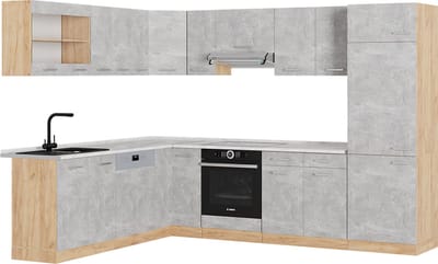 Vicco Hoekkeuken R-Line, Beton/Goudkleurig Eiken, 287 x 227 cm, WB Marmer