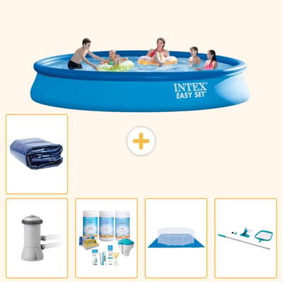 Intex Rond Opblaasbaar Easy Set Zwembad - 457 x 84 cm - Blauw - Inclusief Pomp - Onderhoudspakket - Grondzeil - Schoonmaakset - Solarzeil - 6-delig
