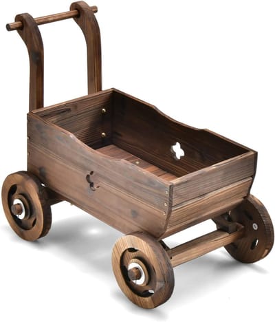 Houten Bloemenwagen met Wielen en Handvat - Plantenbak, Tuinwagon voor Decoratie en Planten