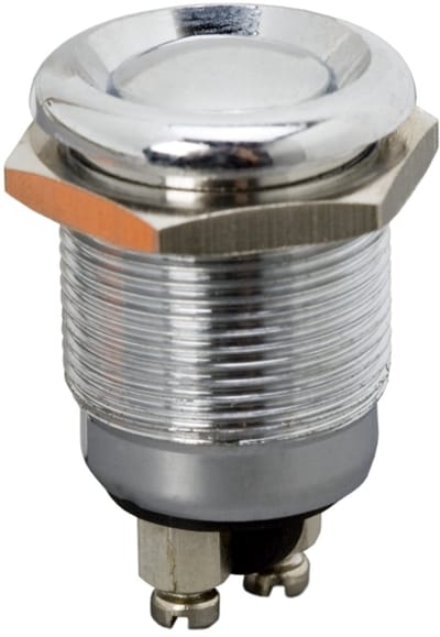 Drukknop Schakelaar Momentaan SPST OFF-(ON) - Push Button 125VAC 4A / 250VAC 2A - Inbouw Drukschakelaar Met Verzonken Actuator - Chroomkleurig Met Waterdichte Ring - IP66 Beschermd Tegen Stof En Water - 1 Stuk [09078]