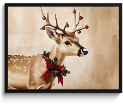 Poster in lijst - Fotolijst 80x60 cm - Posters - Gewei - Kerst - Rendier - Rood - Posterlijst zwart - Decoratie - Wanddecoratie woonkamer - Muurdecoratie slaapkamer - Kerstversiering - Kerstdecoratie voor binnen - Kerstmis