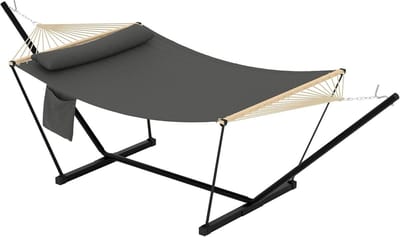 Dubbele Hangmat met Verstelbare Standaard - Heavy Duty Stalen Onderstel - 2-Persoons Hangmat voor Tuin, Terras en Strand - Draagbaar & Comfortabel - Donkergrijs