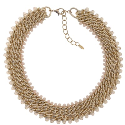 Behave - Statement ketting dames – goud kleur met bruine en roze zalmkleurige facet kraaltjes – 45 + 7 cm