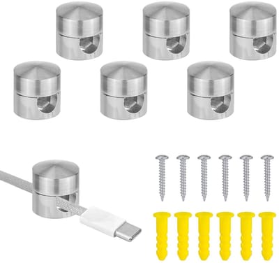Stabiele kabelhouders voor bureau-organisatie, 6-delige set met metalen clips voor kabelbeheer, ideaal voor opladers en snoeren in huis of kantoor (Zilver)