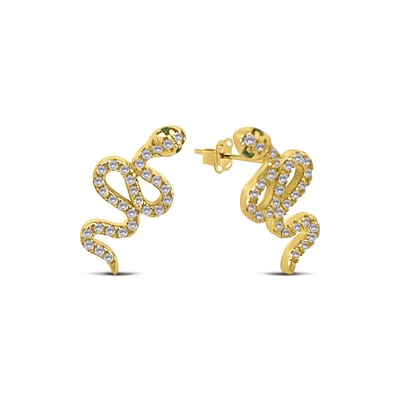 New Bling 9NBSAM-G230225 Gouden Oorknopjes Slang met Zirkonia - 15x7,9mm - Groene Zirkonia als Oog - 14 Karaat - Goud