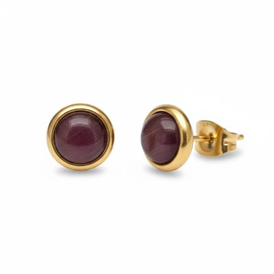 Aramat Jewels -Kattenoog oorbellen 8mm - Goudkleur-paars -Rvs sieraden