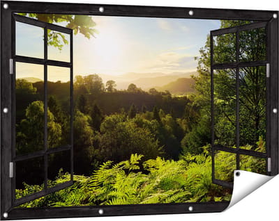 Gards Tuinposter Doorkijk Zonsondergang vanuit een Bos - 120x80 cm - Tuindoek - Tuindecoratie - Wanddecoratie buiten - Tuinschilderij