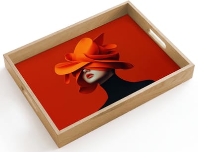 Dienblad hout 40x30 cm - Schootdienblad - Oranje - Hoed - Vrouw - Borrelplank rechthoek - Plateau dienbladen