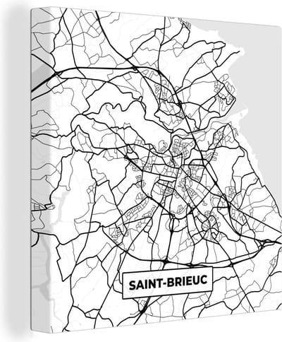 Canvas Schilderij Frankrijk – Kaart – Plattegrond – Stadskaart - Saint-Brieuc - Zwart wit - 20x20 cm - Wanddecoratie
