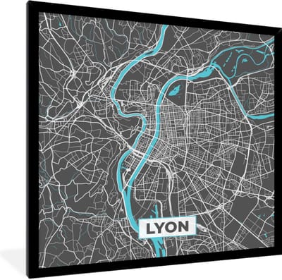 Fotolijst incl. Poster - Lyon - Kaart - Stadskaart - Plattegrond - Frankrijk - 40x40 cm - Posterlijst