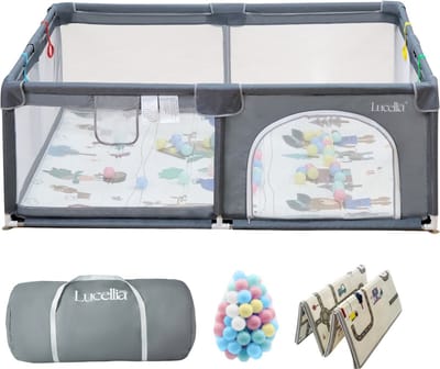Lucellia® Grondbox Baby - Speelbox & Kinderbox – Inclusief Dubbelzijdige Speelmat & 30 Ballen & 4 optrek handgrepen – Donker Grijs – 180x200x66 cm