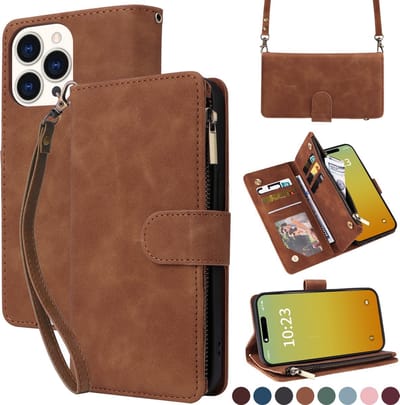 YPCd Wallet Case Pasjeshouder met Rits – Geschikt voor Apple iPhone 15 Pro – Luxe Bookcase Hoesje met 6 Pasjesvakken & Polsbandje – Bruin