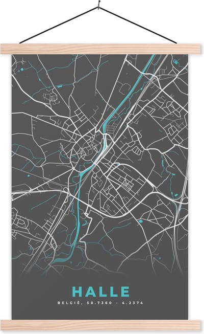 Posterhanger incl. Poster 40x60 cm - Schoolplaat - België – Halle – Stadskaart – Kaart – Blauw – Plattegrond - Textielposter - Blanke latten - Stadskaart