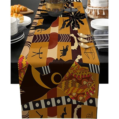 Afrikaanse Zwarte Vrouw Rechthoekige Linnen Tafelkleden Olifant en Giraf Luxe Tafelkleden voor Eettafel Bruiloftsfeest Decoratie 150x33cm