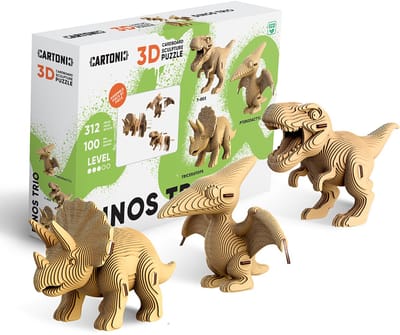 CARTONIC-3D PUZZLE -3IN1 DINOS TRIO- puzzelen karton 3D DIY Creatief Speelgoed Decoratie Interieur Cadeau Ecologisch Voor kinderen en volwassenen