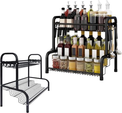 Kruidenrek Staand Staal Keukenrek Kruidenreksysteem Met 8 Haken 2 Vakken Kruiden Kruidenorganizer 42,5 X 25,5 X 41 Cm Kruidenrek Multifunctionele Keukenorganizer NAIZY