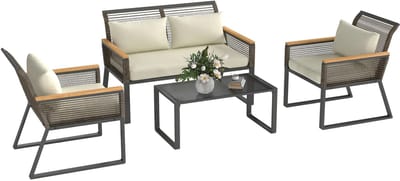 Balkonset 4 personen - Tuinset - Bistroset - Grijs+Beige - Weerbestendig - 4 delig - Tuintafel en 3 stoelen - 4 personen - Staal