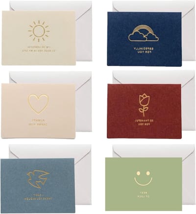 Set van 6 elegante bedankkaarten met enveloppen en stickers, minimalistisch design voor bruiloft, verjaardag en zakelijke gelegenheden, blanco vouwkaarten met gouden reliëf