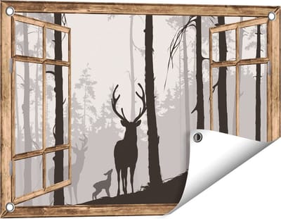 Gards Tuinposter Doorkijk Herten in het Bos - Silhouet - 60x40 cm - Tuindoek - Tuindecoratie - Wanddecoratie buiten - Tuinschilderij