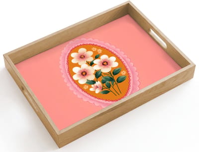 Dienblad hout 40x30 cm - Schootdienblad - Illustratie - Bloemen - Rand - Roze - Borrelplank rechthoek - Plateau dienbladen