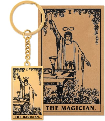 Tarot Sleutelanger I: De Magiër / The Magician - Op Cadeau Kaartje - Goudkleurig Stainless Steel - Grote Arcana uit Rider-Waite Geïnspireerd - Pax Amare