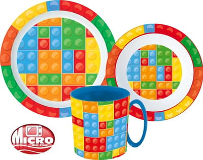 Bricks Kinderserviesset 3-Delig – Bord, Kom en Beker – BPA-Vrij – Kleurrijk Servies voor Kinderen – Bouwstenen Design