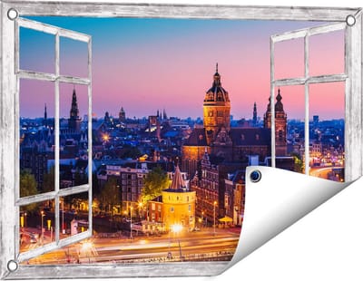 Gards Tuinposter Doorkijk Amsterdam Skyline bij Zonsondergang - 60x40 cm - Tuindoek - Tuindecoratie - Wanddecoratie buiten - Tuinschilderij