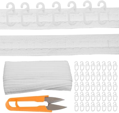 Witte gordijnband, plooiband, 30 m x 3 cm, gordijnband, gordijnband om op te naaien, met 100 stuks gordijnhaken, plooiband, universele band voor gordijnen, deurgordijnen, interieurartikelen