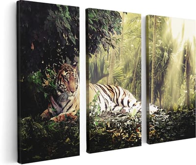 Artaza Canvas Schilderij Drieluik Tijger In De Jungle Met Zonneschijn - 120x80 - Foto Op Canvas - Canvas Print