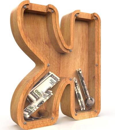 Houten Spaarpot - Muntjespot Geldkist - Geld Sparen Leren - Gepersonaliseerd Letter Ontwerp - 9.2 inch - Houtkleur
