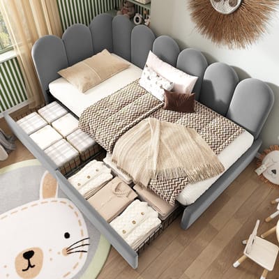 REDOM Gestoffeerd Eenpersoonsbed 90x200 cm – Grijs Fluweel – 2 Opberglades – L-vormig Frame – Ruimtebesparend voor Kleine Kamer