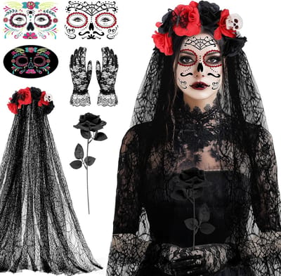 Halloween Kostuum voor Vrouwen - Dia de los Muertos Outfit met Hoofdband en Tatoeages - Accessoires voor het Dag van de Doden Feest