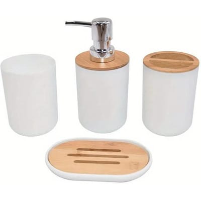 1 Set Badkameraccessoires 4-delige Set Toiletartikelen Imitatie Hars Plastic Bamboe Hout Combinatie Badkamerset white