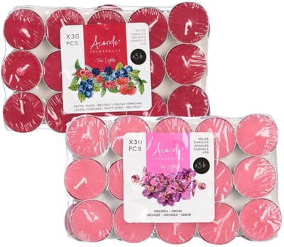 Acorde theelichtjes - 60x - 30x rode vruchten - 30x orchidee - aroma/geurkaarsen