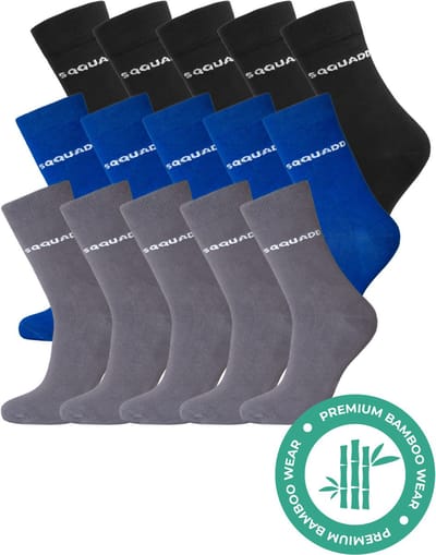 SQQUADD® Bamboe Sokken Dames en Heren - Unisex 15-pack - Maat 35-38 - Naadloos en Duurzaam - Tegen Zweetvoeten - Bamboo - Zwart/Grijs/Blauw