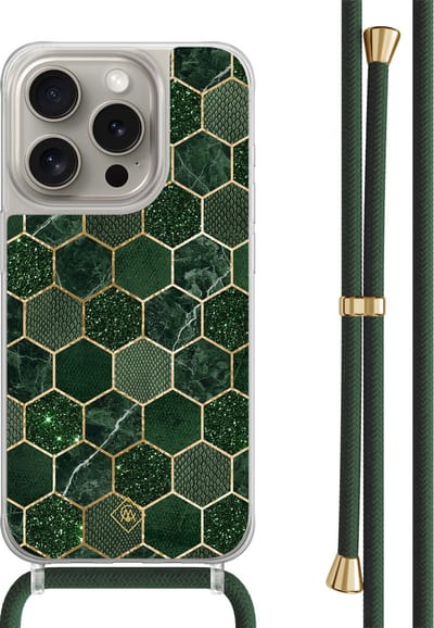 Casimoda® hoesje met groen koord - Geschikt voor iPhone 15 Pro - Kubus Groen - Afneembaar koord - TPU/polycarbonaat - Groen