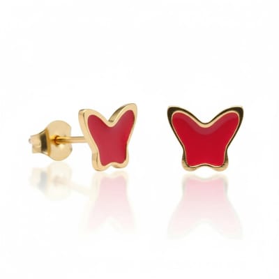 Aramat Jewels | Oorbellen | Goudkleurige Vlinder Oorbellen RVS en Emaille | Rood | |7mm | Staal | Kinderen, Volwassenen | Verkleurd niet
