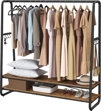 VASAGLE - Kledingrek - Kledingrek metaal - Met 2 Legplanken - 6 S-vormige Haken - Stalen Frame
