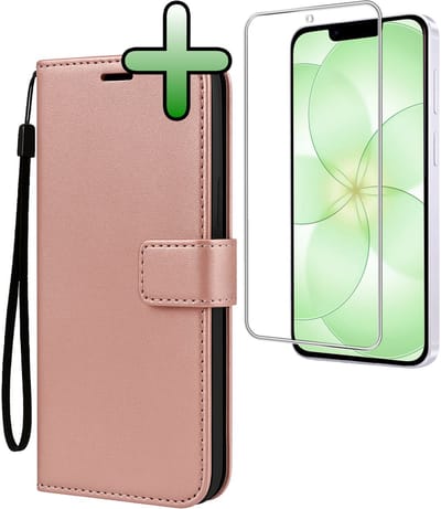 Hoesje Met Screenprotector - Geschikt voor Apple iPhone 17e - Luxe Pasjeshouder - Bookcase Portemonee - Flip Case - Kunstleer Book Case - Flipcase - Book Cover - Walletcase - Portemonneehoes - Rosé goud