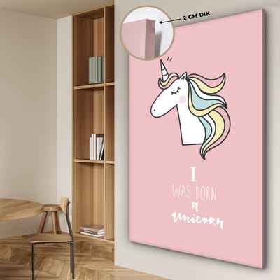 Canvas schilderij kinderen - Muurdecoratie kinderkamer - Unicorn - I was born a unicorn - Quotes - Roze - Spreuken - Wanddecoratie meisjes - Canvasdoek kinderen - 120x180 cm