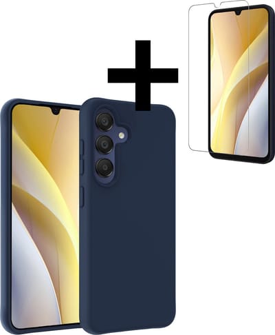 Hoesje - Met Screenprotector - Geschikt voor Samsung Galaxy A15 - Sterk & Shockproof - Back Cover - Siliconen Case - Telefoon Hoes - Telefoonhoesjes - Donkerblauw
