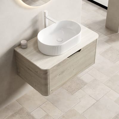 MODFU Badkamermeubel - Ovale Keramische Wastafel En Soft-Close Lade - Gebogen Ontwerp - Keramiek En Sintersteen - Beige Wit