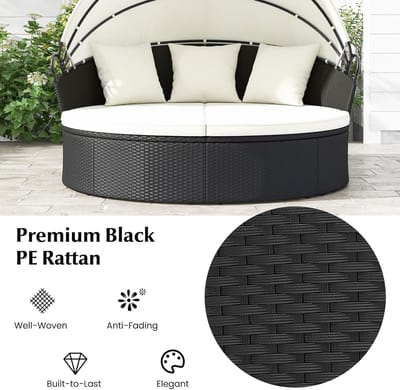 Zonne-eiland Lounge Rond 187 cm – Luxe Rotan Outdoor Ligbed met Opvouwbaar Zonnedak – Tuin Daybed 2-3 Personen met Kussens – Weerbestendig Terras Lounge Set – Zwart/Beige – abtkantoor