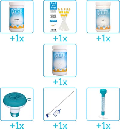 Zwembad Onderhoudspakket - Onderhoud Zwembad - bevat Chloor - Testrips - PH-min - PH-plus - Chloordrijver - Schoonmaakset en Thermometer (7-delig)