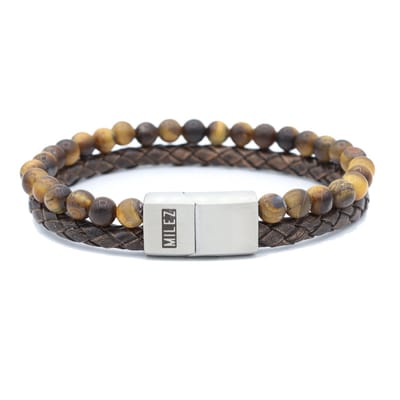 Milez - Armband mannen - armband heren leer met kralen - Bruin - Maat S