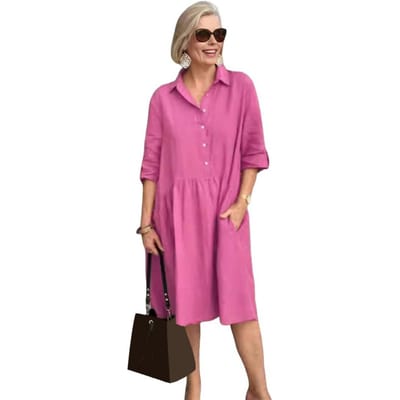 Robe trapèze à revers pour femmes, robe midi vintage de couleur unie avec poche, robe chemise d'été décontractée ample à manches courtes pour fête, voyage, être M rouge rose