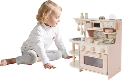 Kinder Keuken Speelset - Kookspel Keukentje - Rollenspel Spelen - Realistische Accessoires - 47x23x54 cm - Wit Roze Houtkleur
